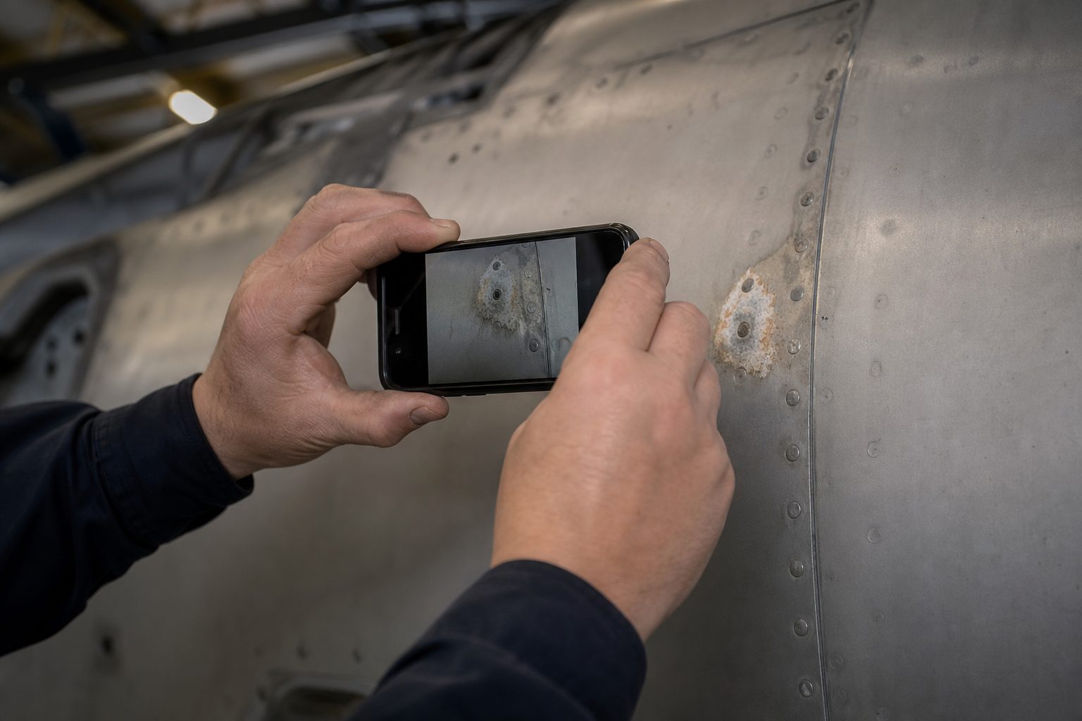 A gloved hand photographing surface corrosion on a riveted aircraft panel with a handheld device