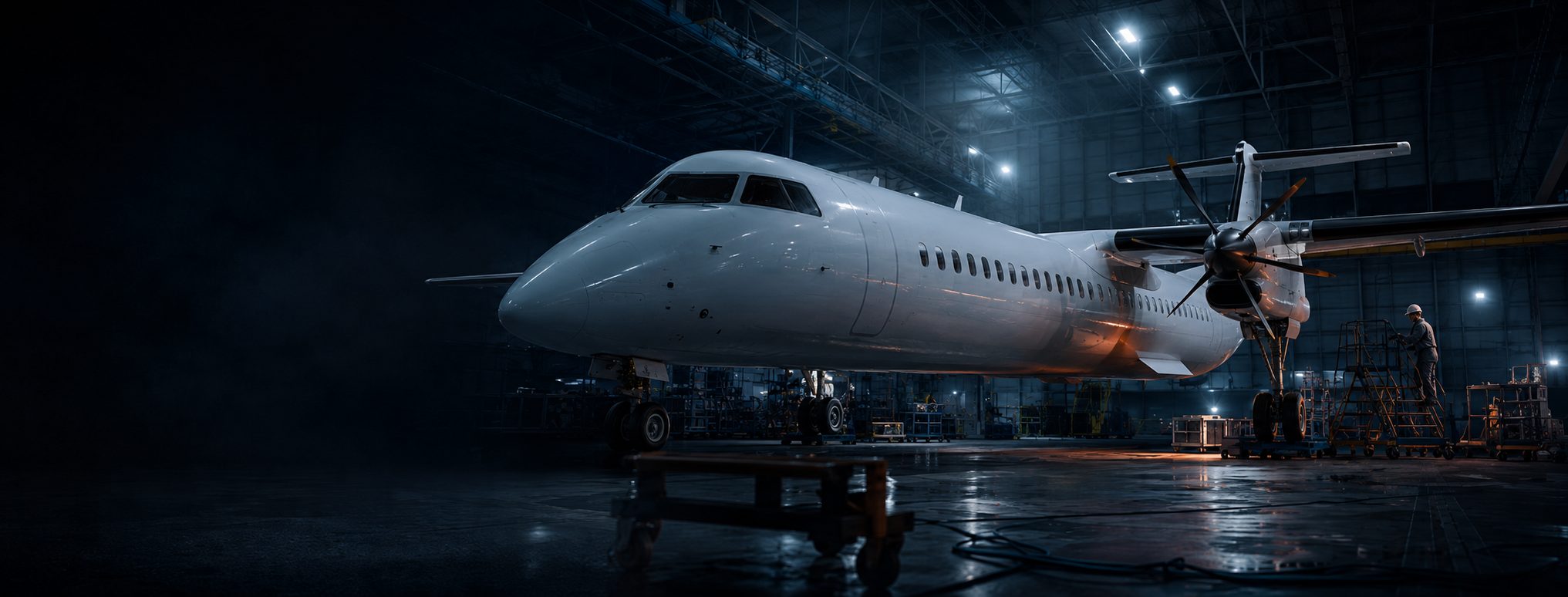 A Dash 8 Q400 turboprop parked in a dimly lit maintenance hangar with the doors open at sunset
