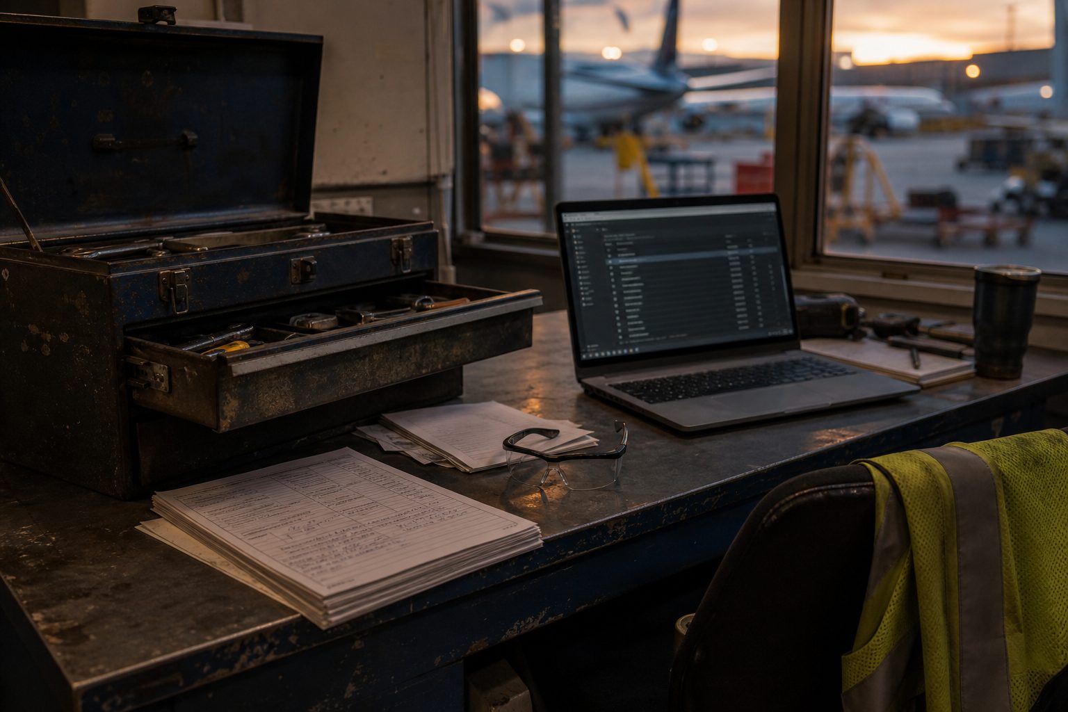 A maintenance technician's workbench at dusk with a toolbox, task cards, safety glasses and a laptop