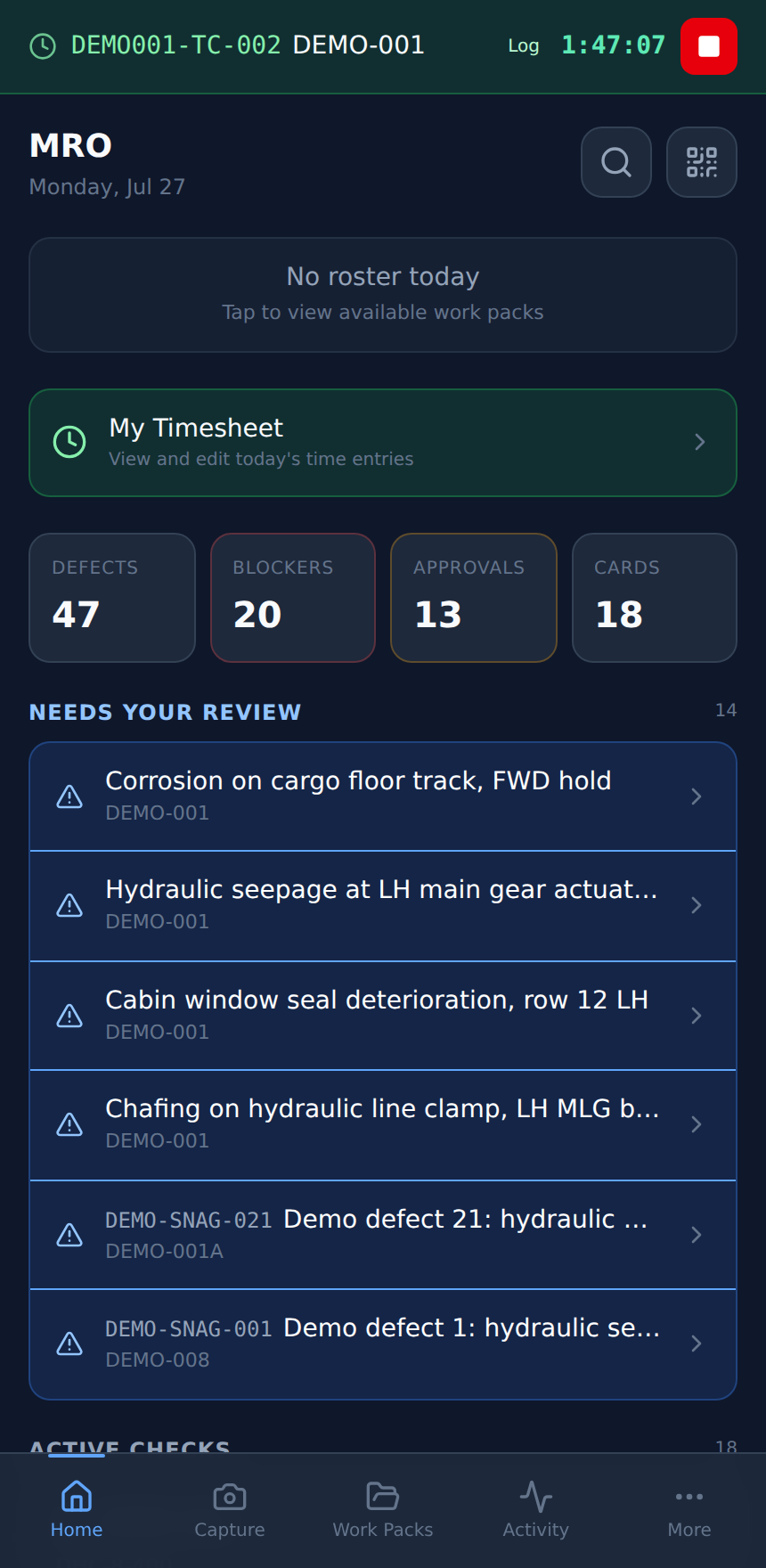 MRO Pulse on a handheld device: a clock running against a task card, alongside timesheet, defect and blocker counts and the review queue