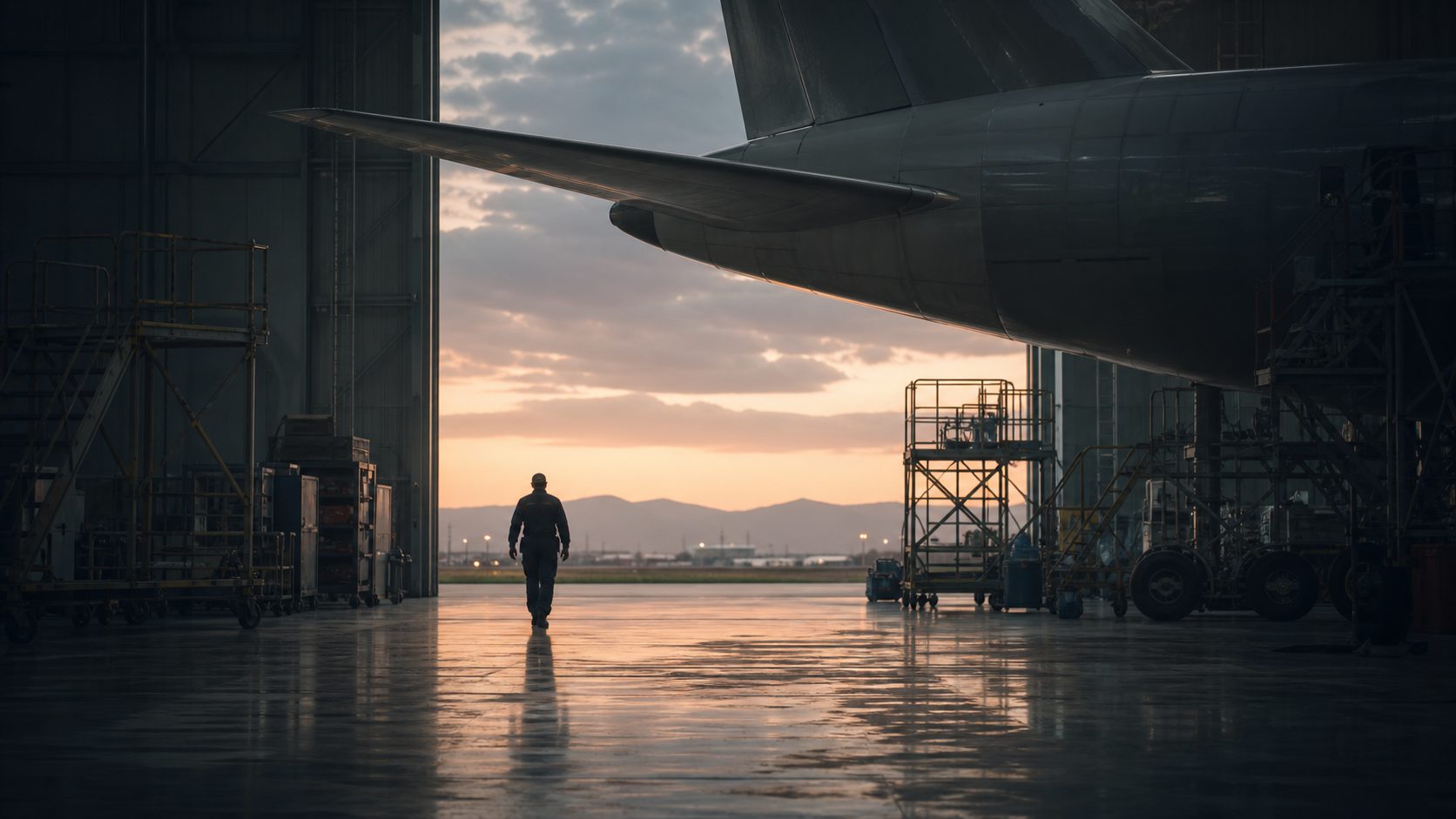 A technician walking beneath an aircraft toward the open hangar door at dusk